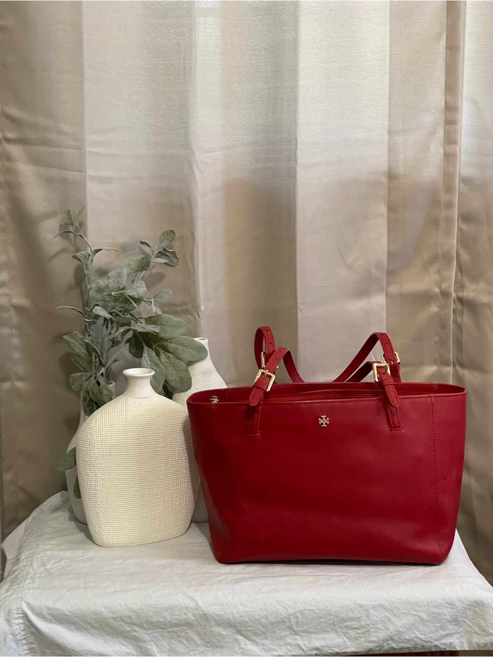 Tory Burch Red Safiano Leather York Small Tote Bag  with Gold Medallion GUC